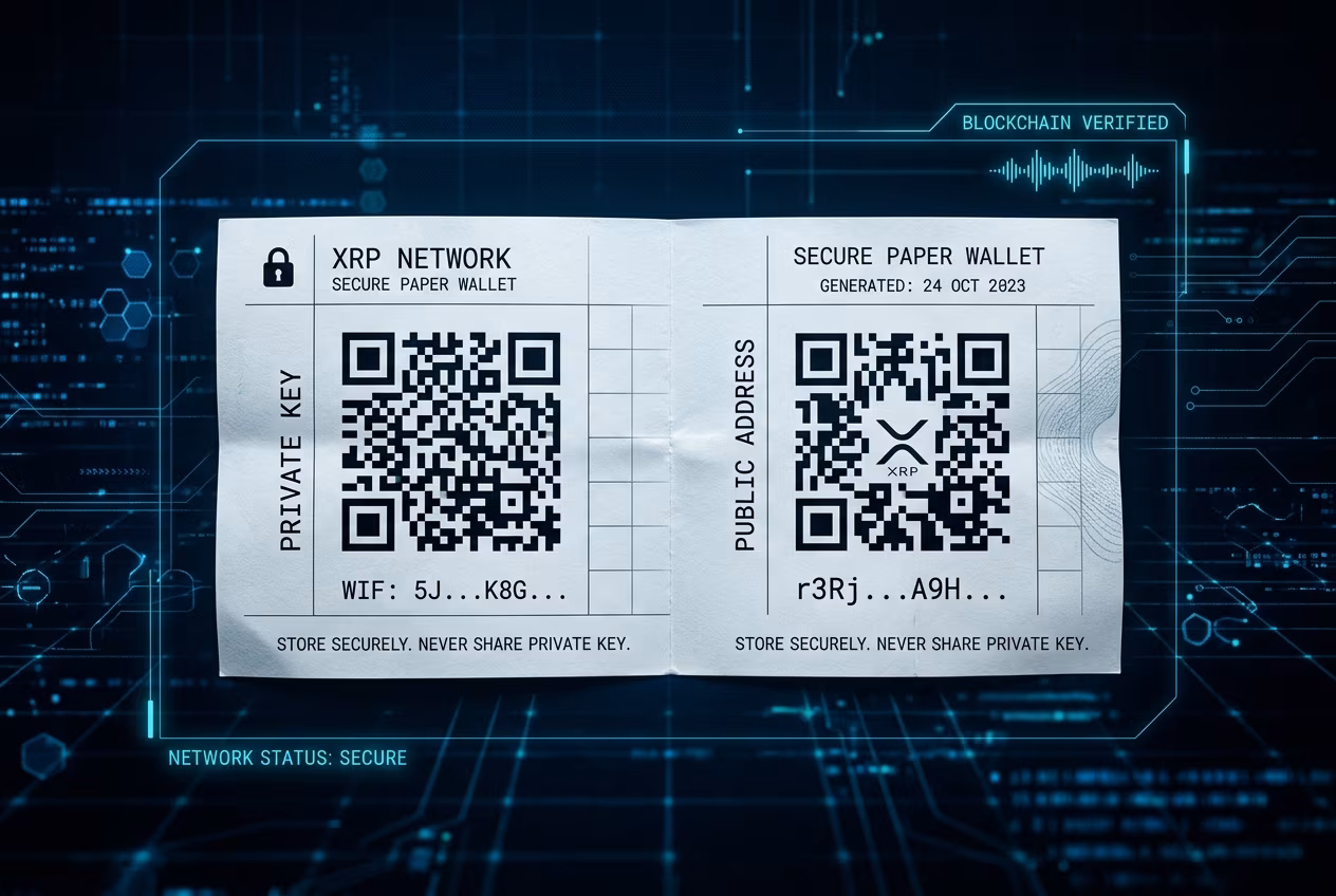 Пример paper wallet с QR‑кодами XRP‑адреса и приватного ключа