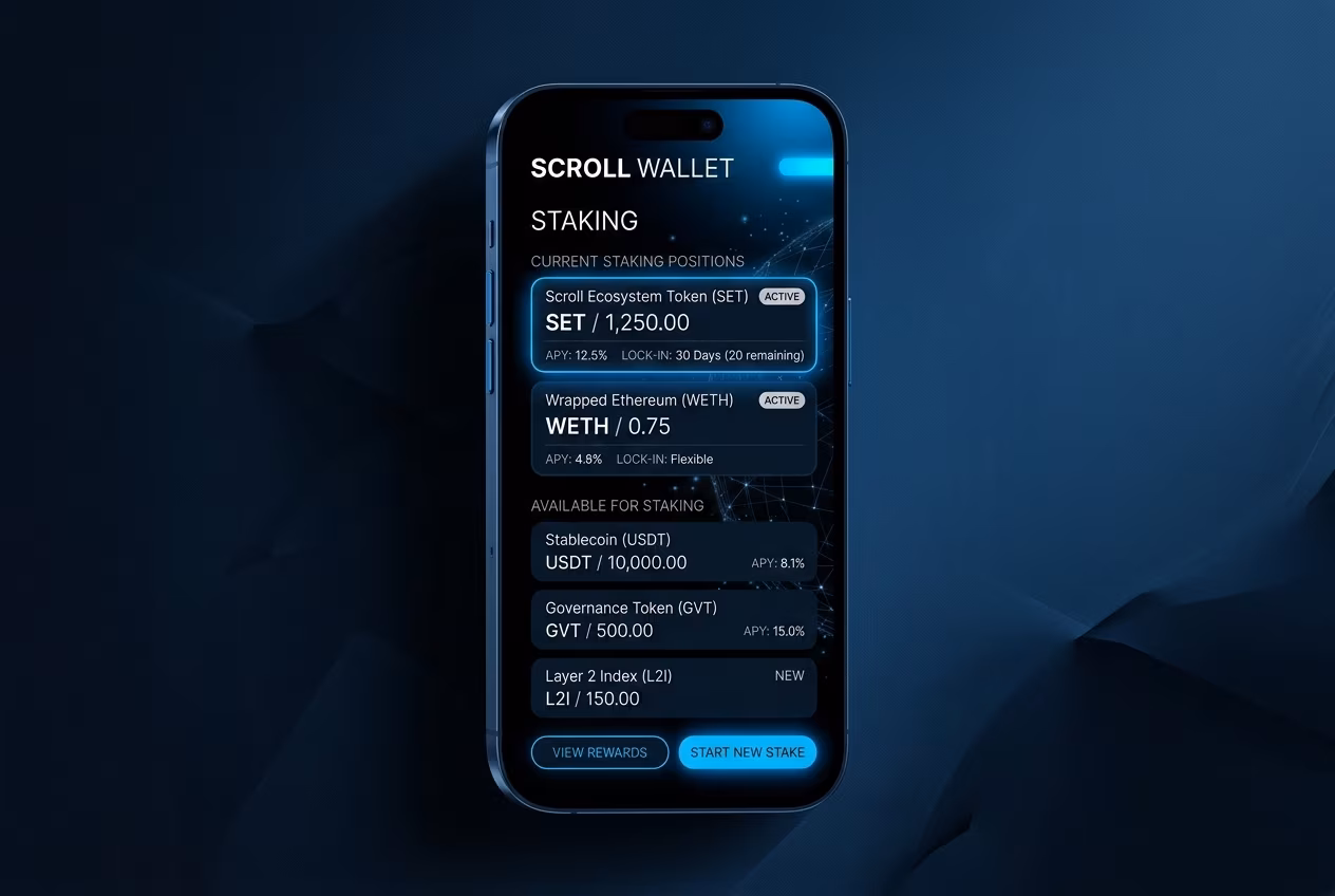 Экран стейкинга в Scroll Wallet для выбора лучшего крипто