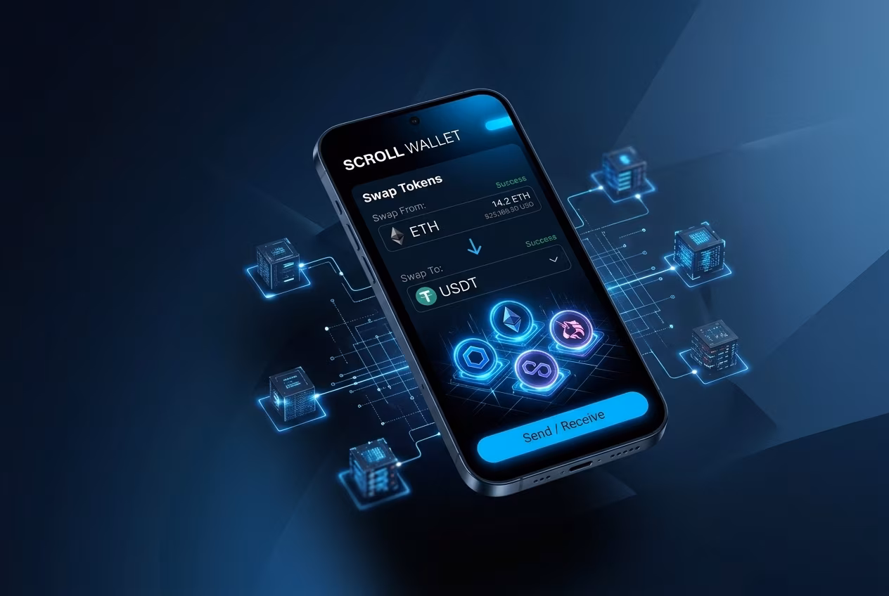 Экран Android с интерфейсом Scroll Wallet для криптовалют