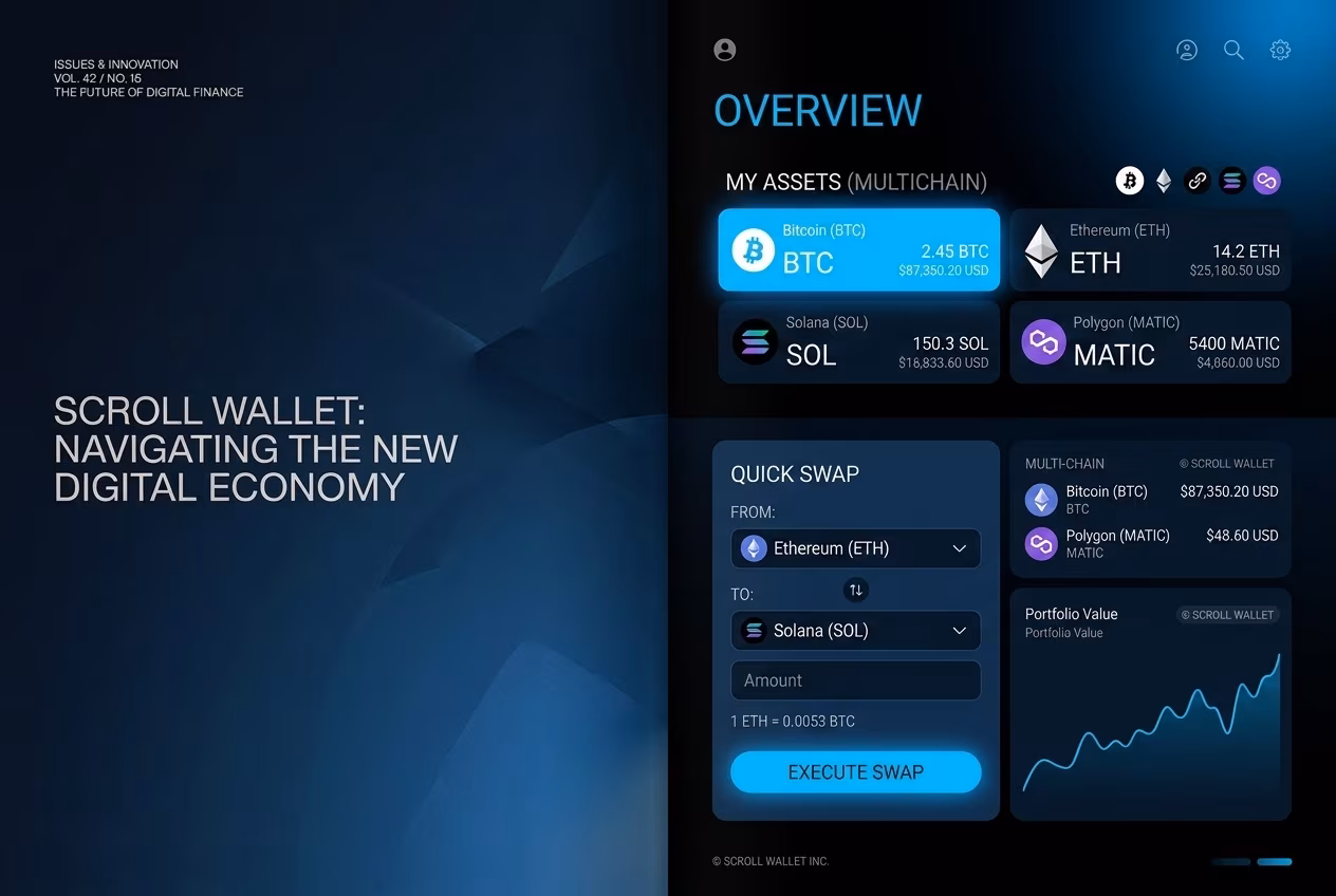Интерфейс показывает активы нескольких криптовалют в Scroll Wallet