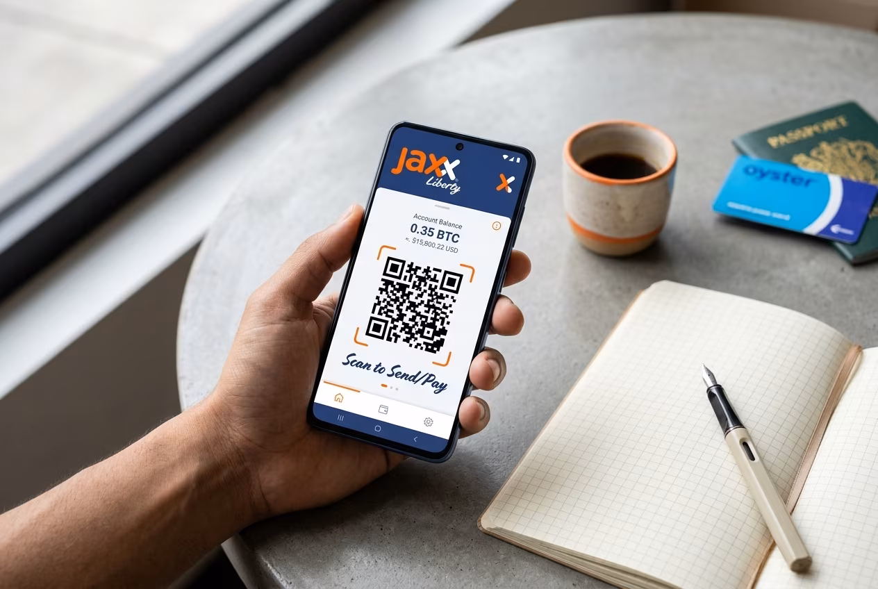 Android phone showing Jaxx Liberty wallet dashboard with portfolio tiles