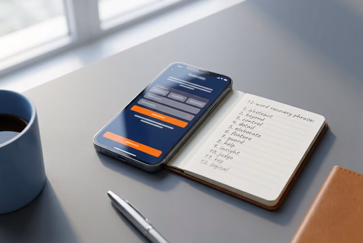 User restoring Jaxx Liberty wallet on smartphone with backup phrase nearby