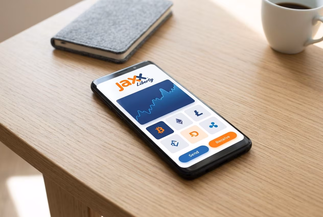 Android phone showing Jaxx Liberty wallet dashboard on the go