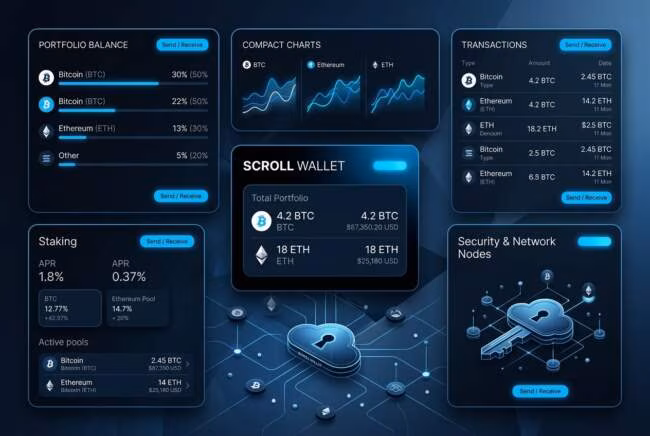 full node wallet интерфейс с балансом, монетами и графиками