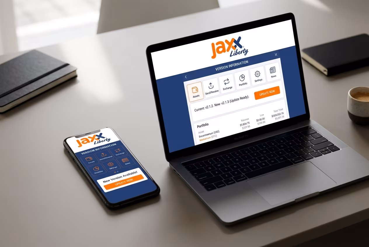 Jaxx Liberty dashboard showing software version number on desktop and mobile