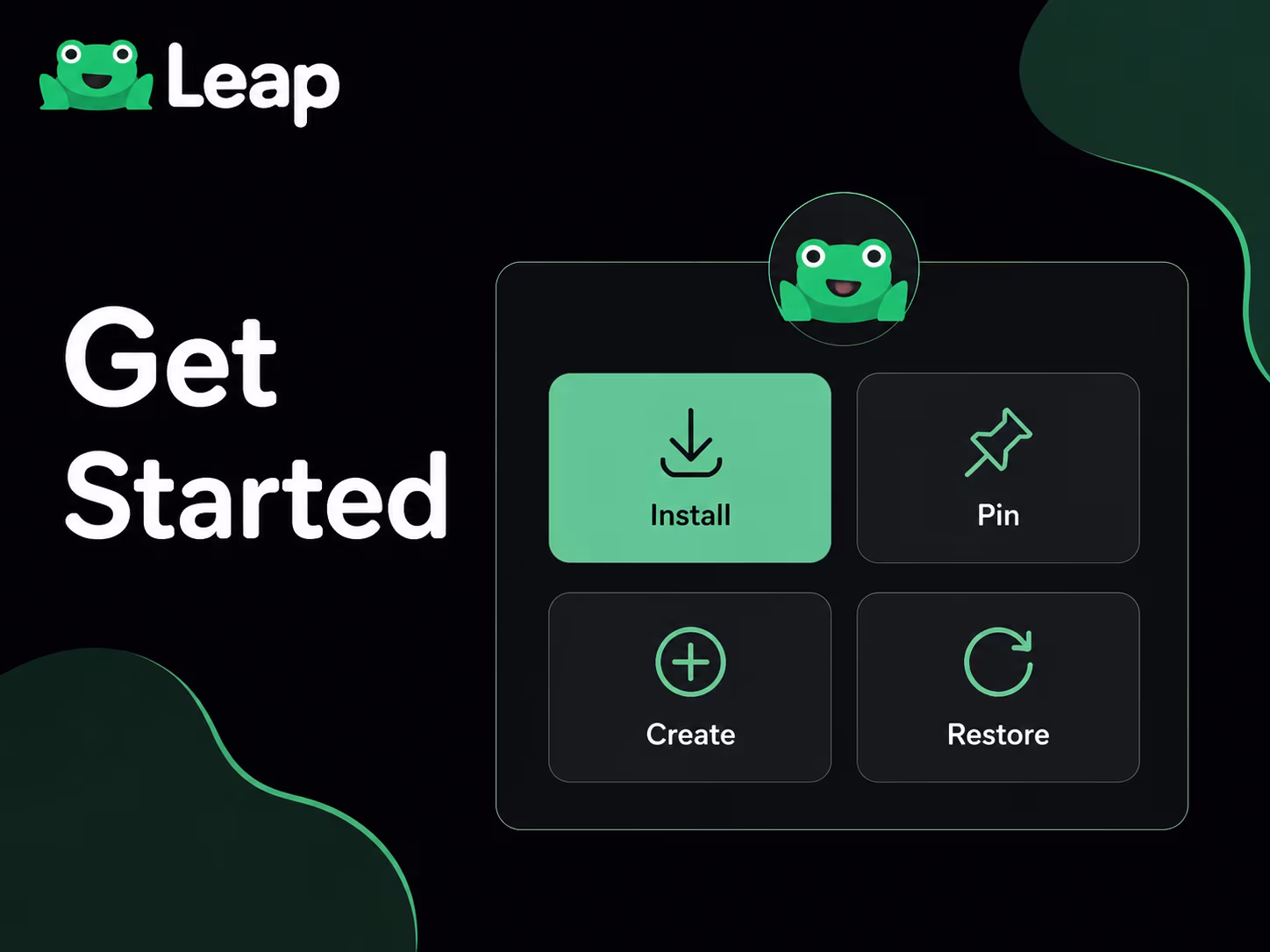 Leap Wallet Chrome extension onboarding with install pin create restore actions