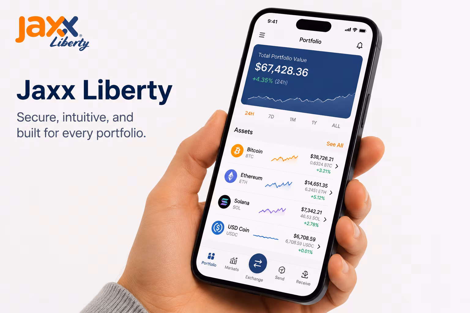 Clean crypto wallet dashboard showing portfolio view and price charts