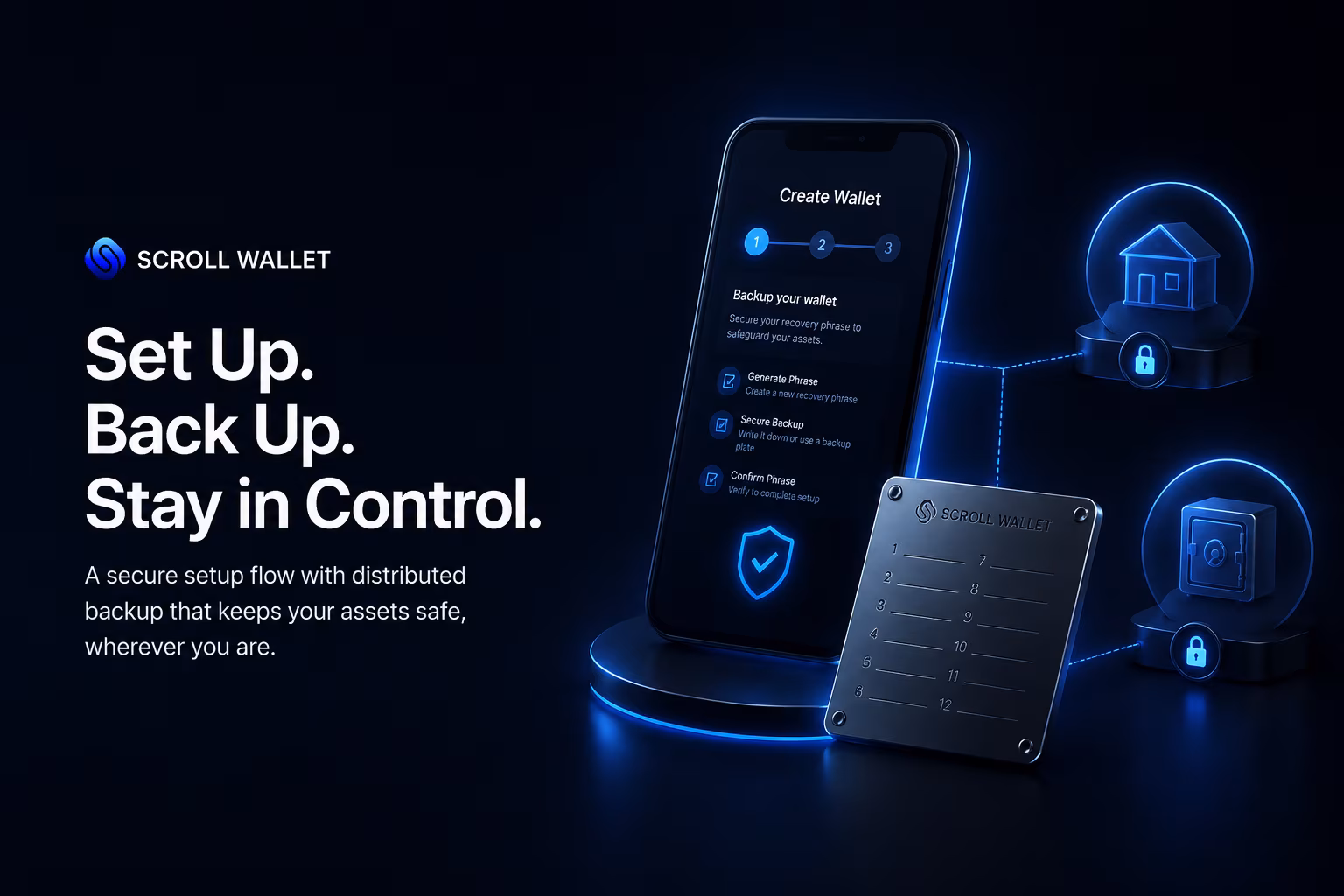 Secure crypto wallet setup flow with backup storage locations