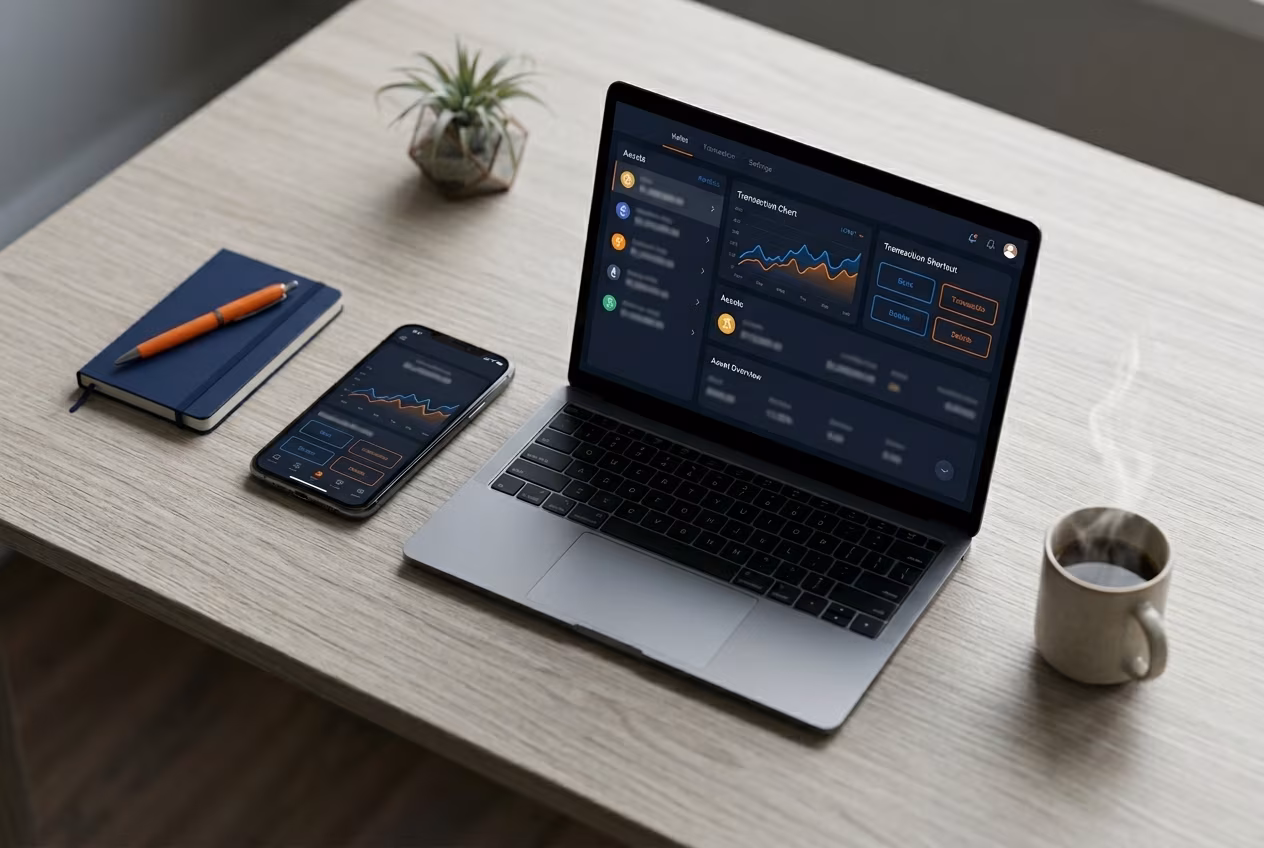 Cross-platform crypto wallet dashboard displaying assets and portfolio values