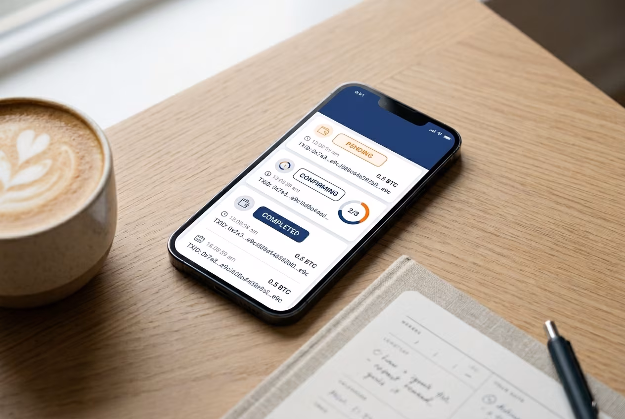 Mobile wallet send screen with fee estimate and confirm button