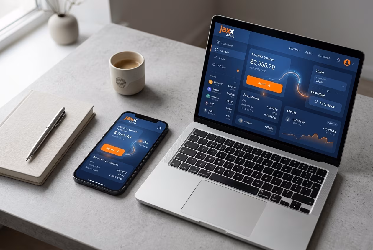 Jaxx Liberty dashboard showing portfolio balance send button and exchange path