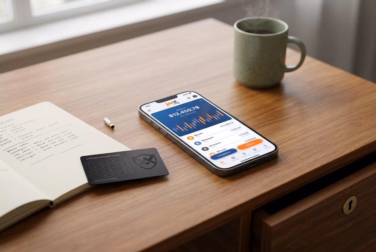 Self-custody setup with notebook backup card and Jaxx Liberty wallet