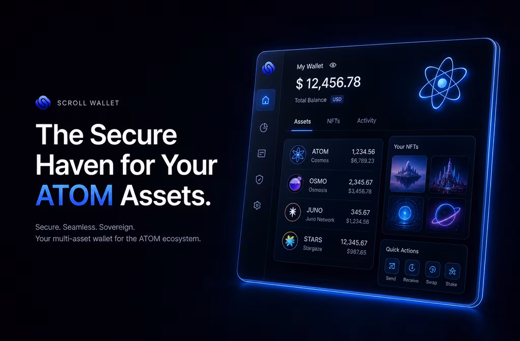 Multi-asset wallet interface showing assets NFTs and quick actions