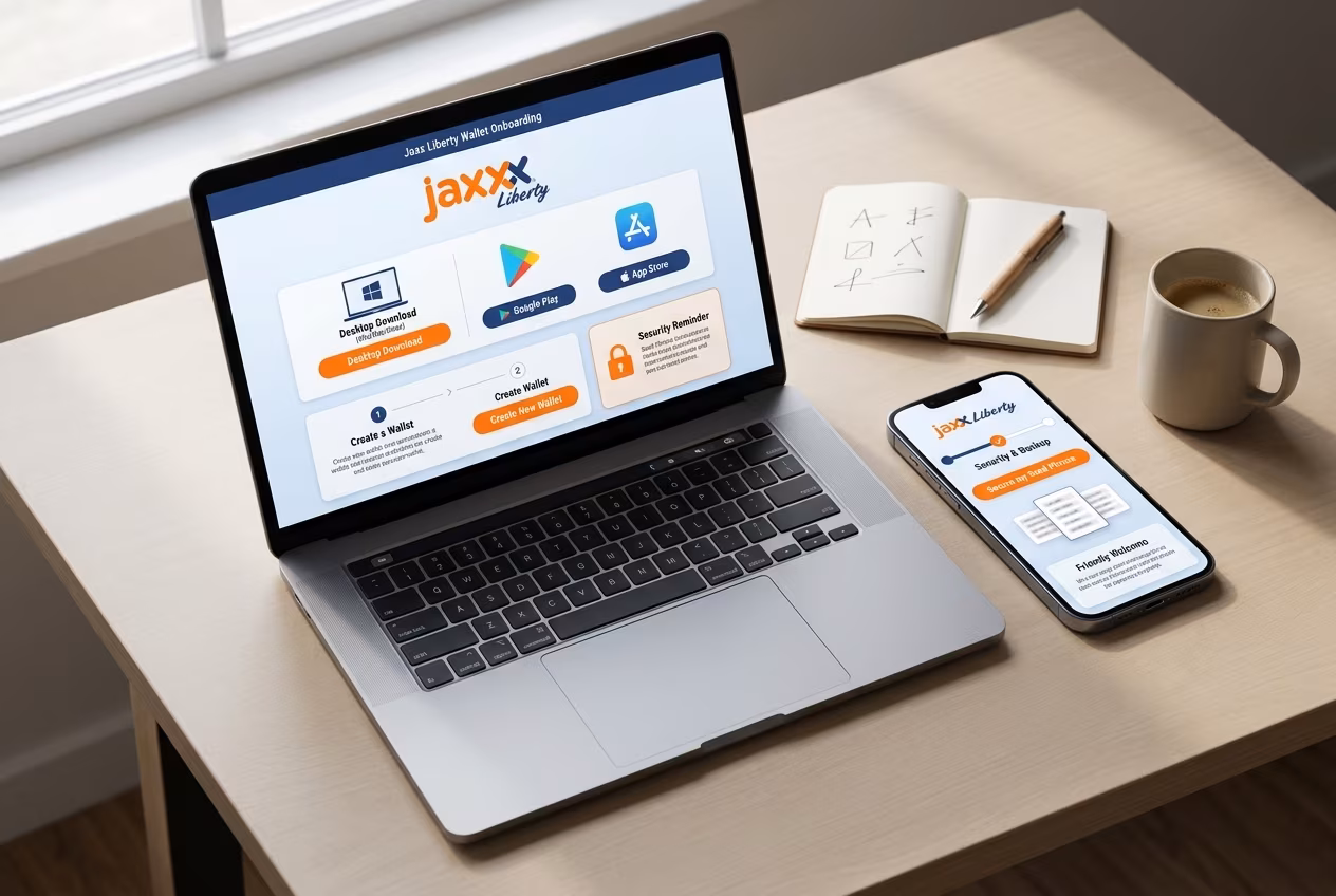 Jaxx Liberty wallet dashboard shown on desktop and mobile devices