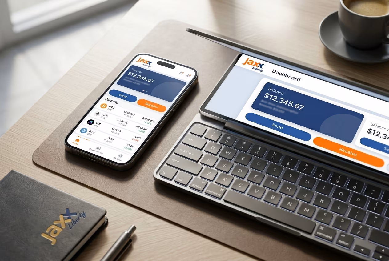 Jaxx Liberty wallet dashboard showing multi-asset overview on mobile and desktop
