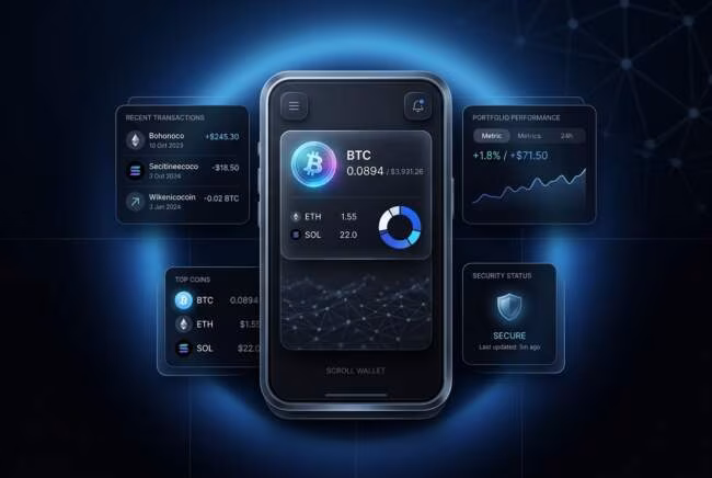 dash wallet app с балансом и монетами в интерфейсе