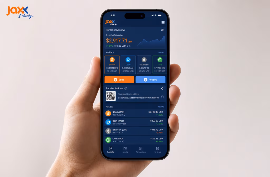 Jaxx Liberty wallet dashboard showing portfolio send and receive assets