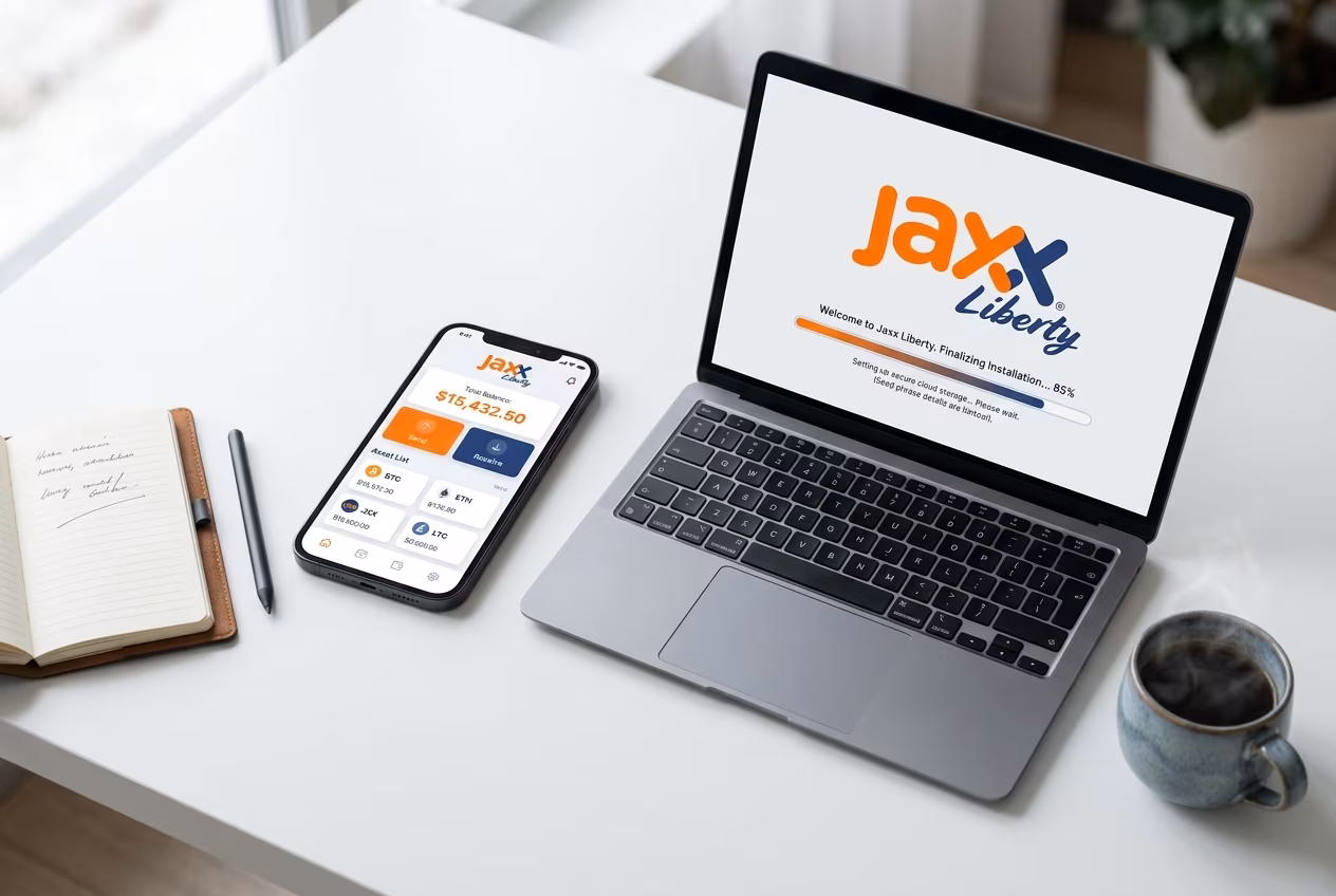 Jaxx Liberty wallet interface shown on desktop and mobile devices