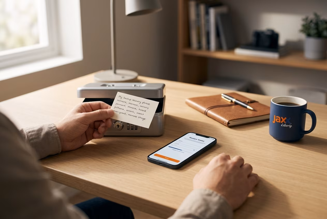User recovering crypto wallet using backup phrase card securely