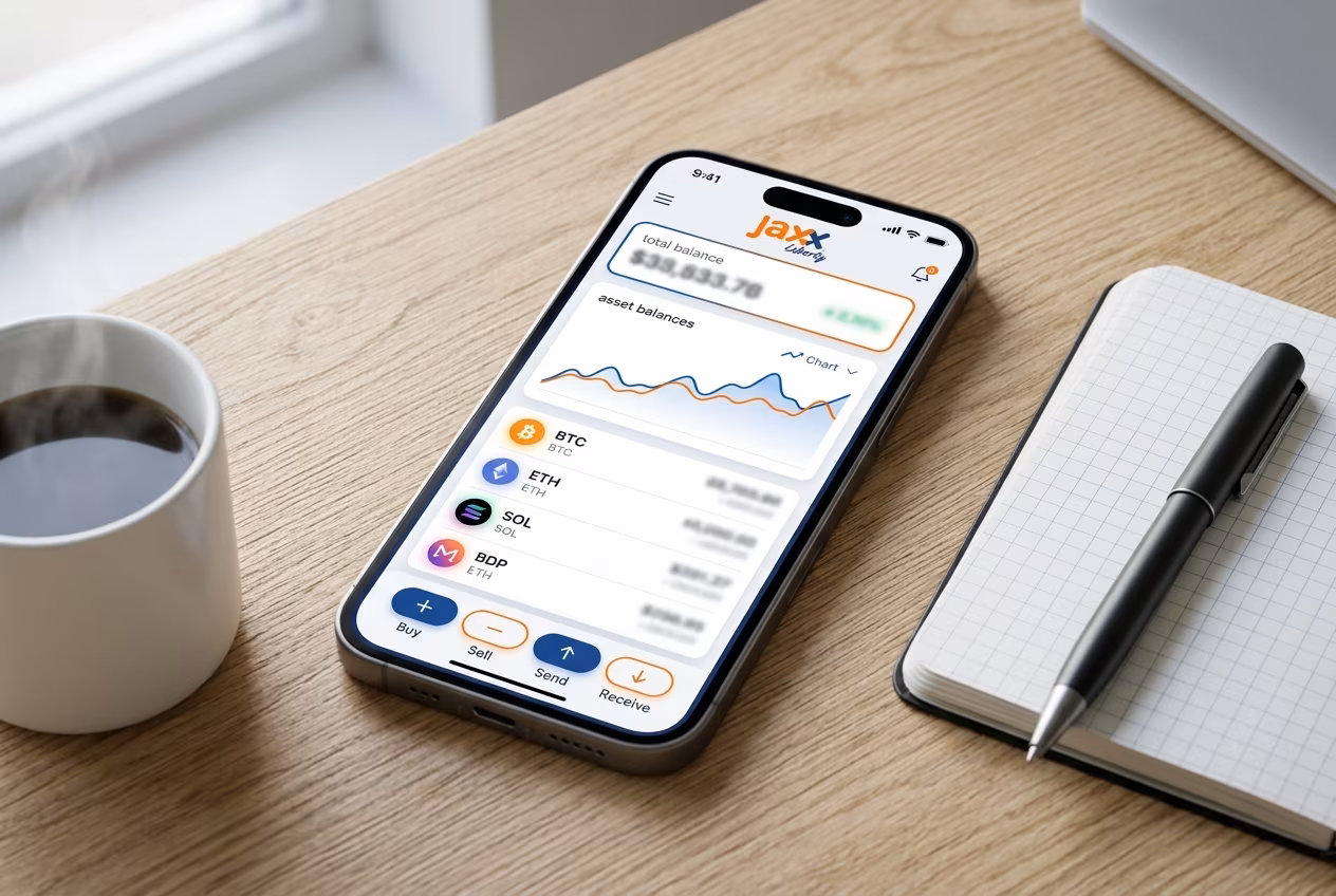 iPhone screen displaying Jaxx Liberty crypto wallet dashboard interface