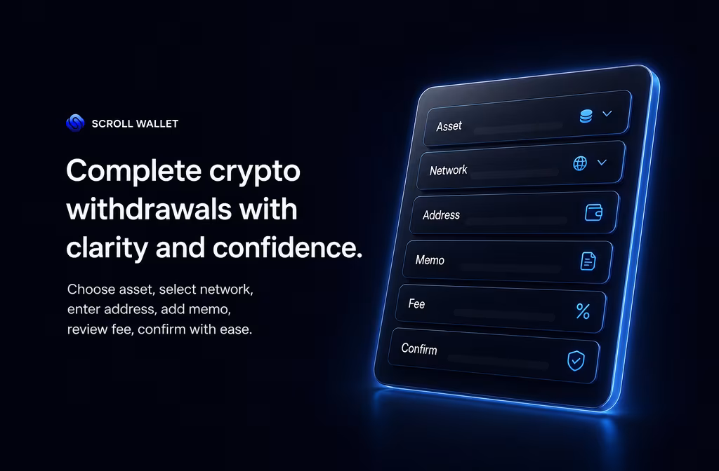 Crypto withdrawal fields showing asset network address fee confirmation