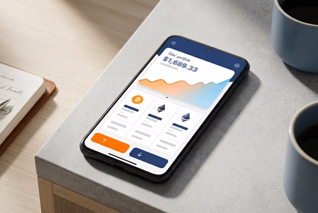 Android phone displaying Jaxx Liberty wallet dashboard with portfolio tiles