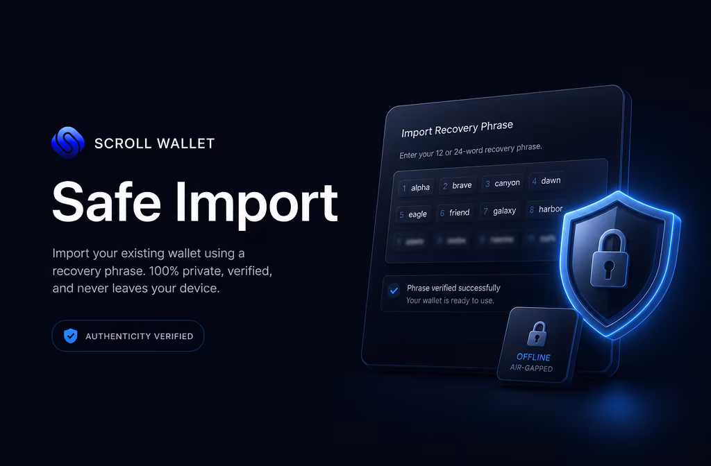 Secure wallet import screen with authenticity checks and offline secret handling