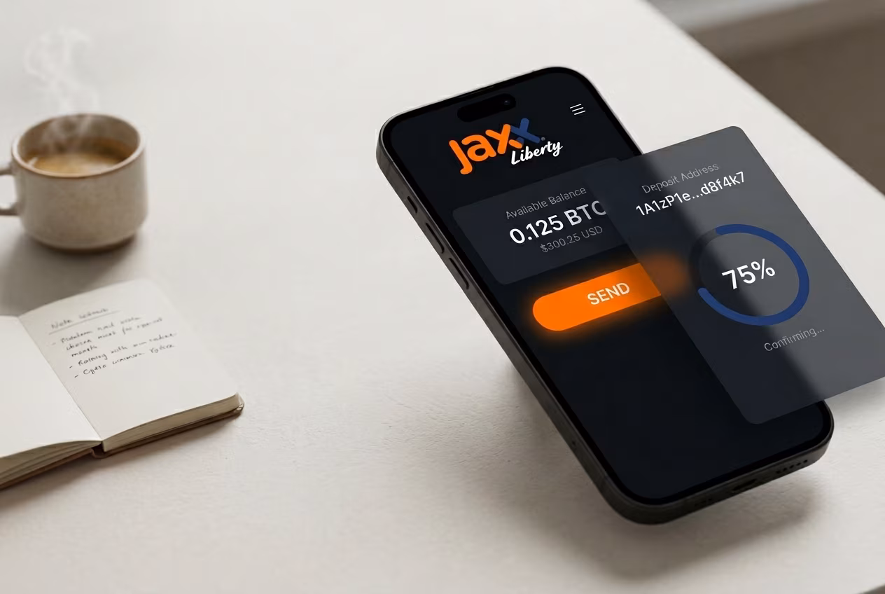 Smartphone wallet showing BTC balance Send button and exchange deposit address