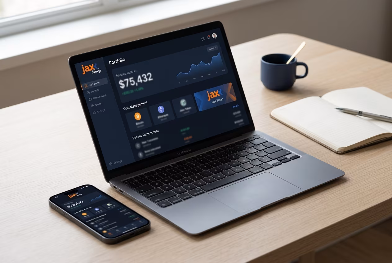 Jaxx Liberty dashboard showing portfolio balance and coin management on mobile and desktop
