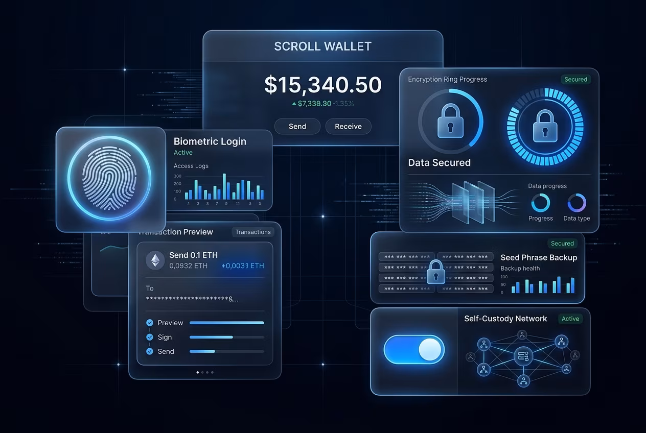 Safe wallet app protection layers biometrics encryption self-custody dashboard