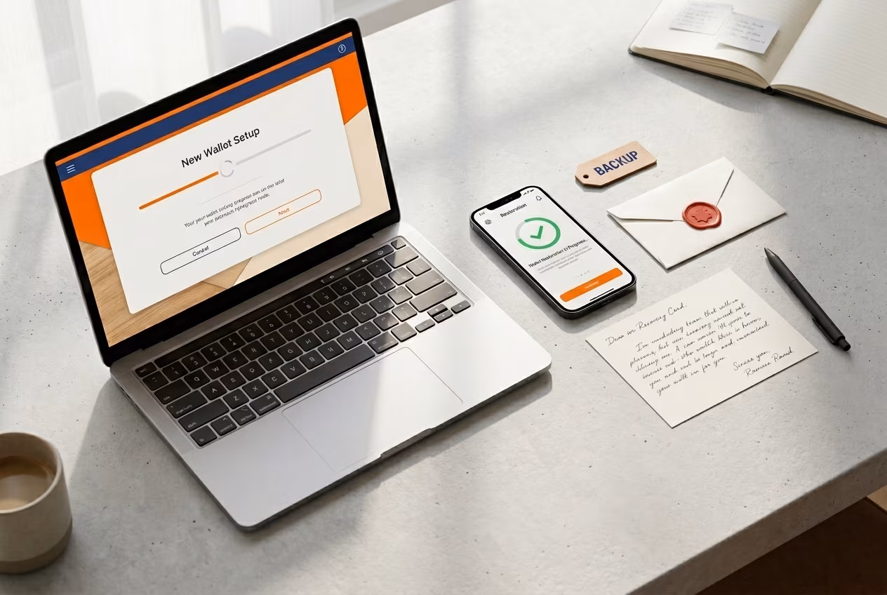 User recovering crypto wallet using backup phrase card securely