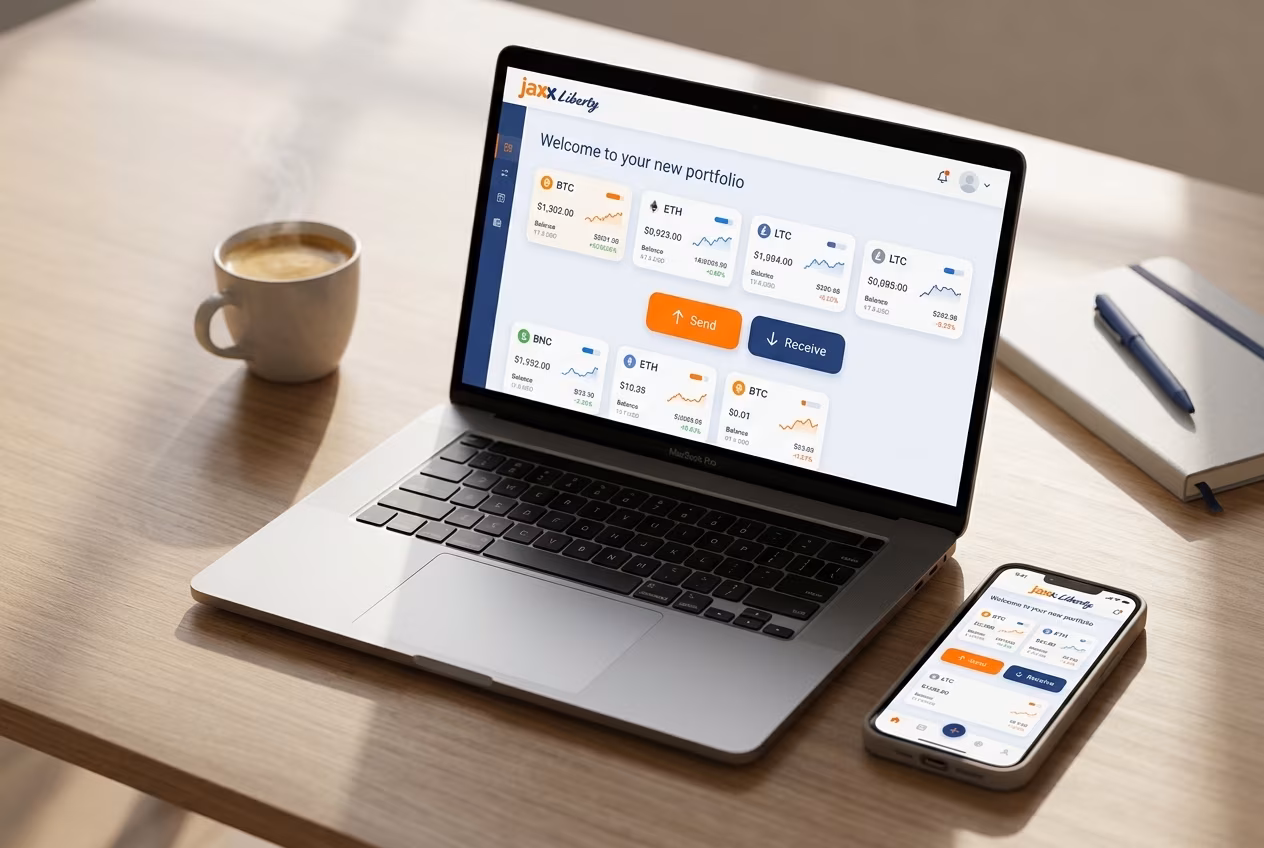 Jaxx Liberty wallet dashboard shown on desktop and mobile devices