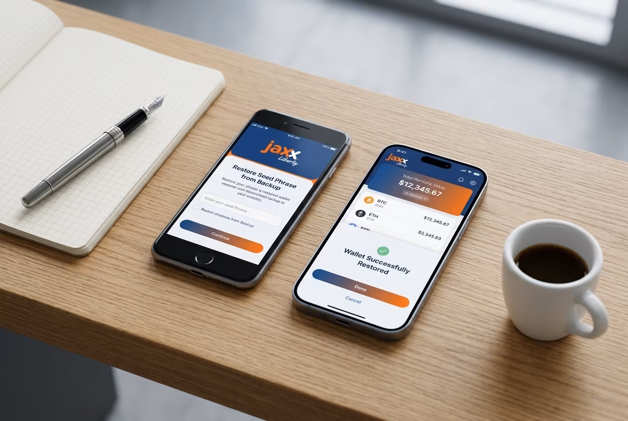User restoring Jaxx Liberty wallet across two smartphones seamlessly