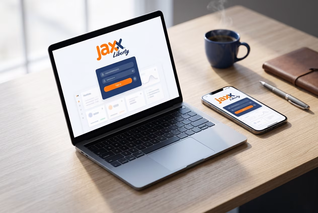 Jaxx Liberty login screen on desktop and mobile devices