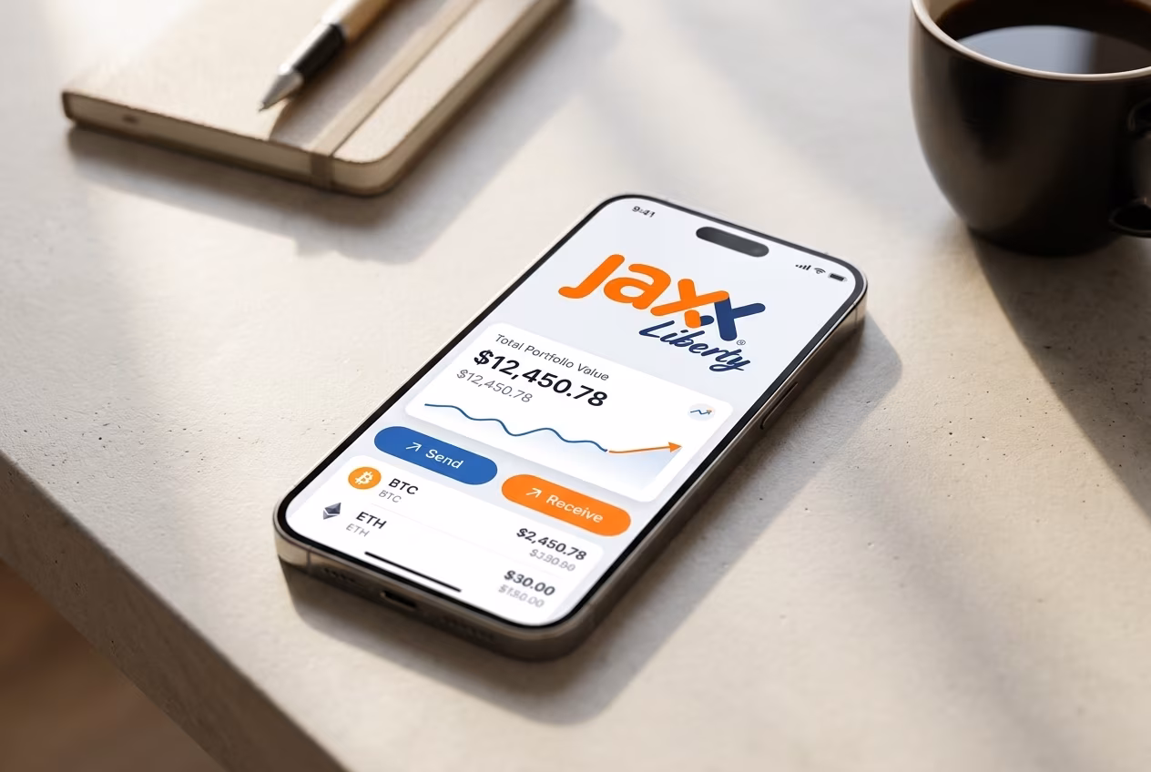 Smartphone showing crypto wallet interface with send and receive buttons