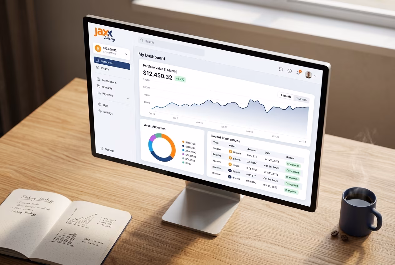 Desktop wallet dashboard showing balances transactions and portfolio panels