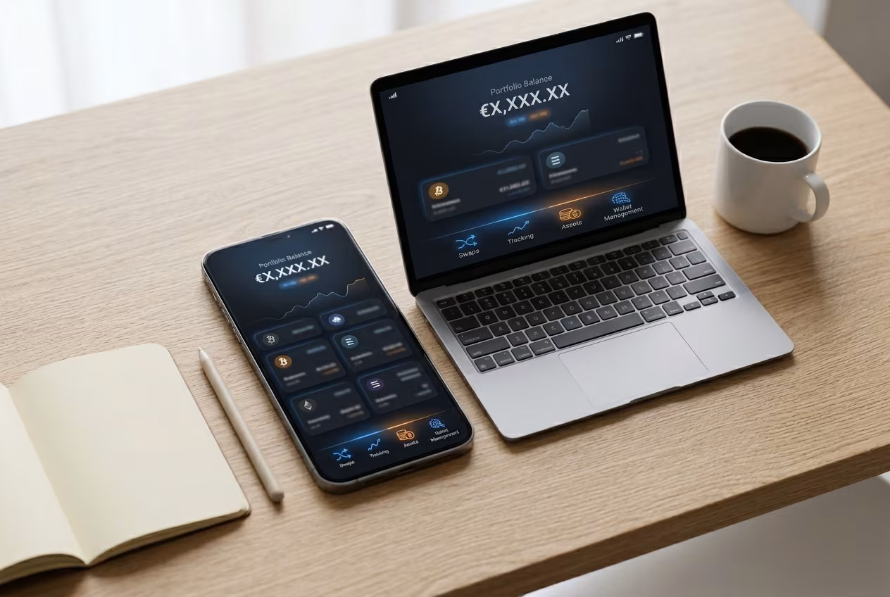 Crypto wallet dashboard on mobile and desktop with dark UI