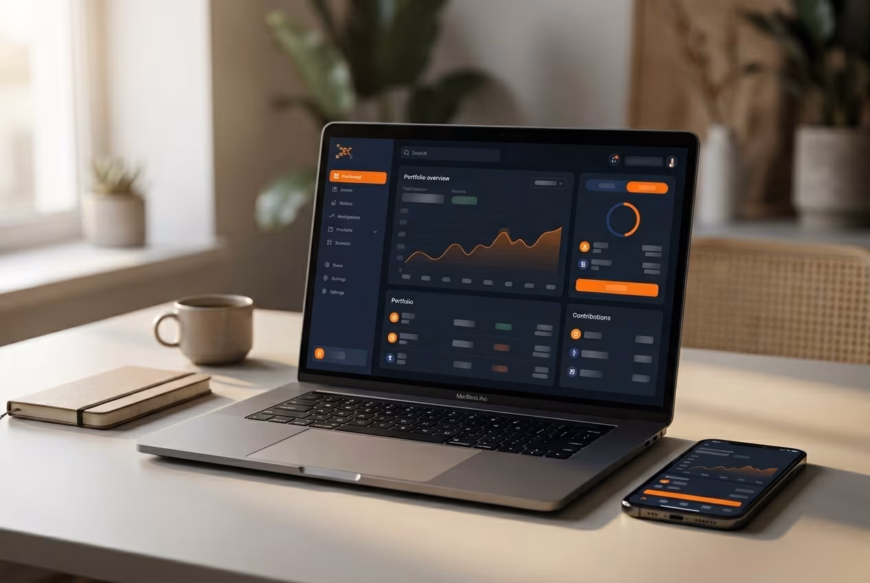 Laptop and smartphone showing sleek crypto wallet portfolio dashboard interface