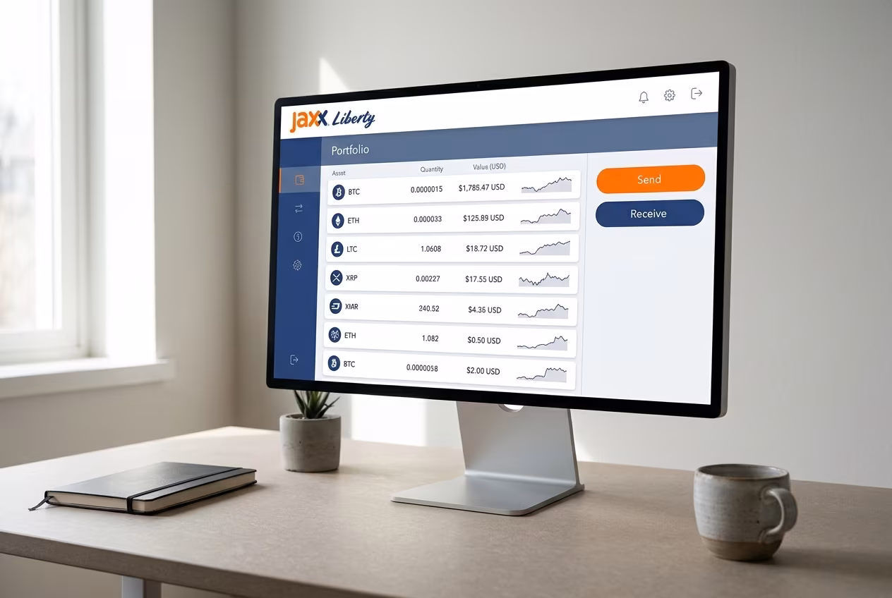 PC monitor displaying Jaxx Liberty crypto wallet full dashboard view