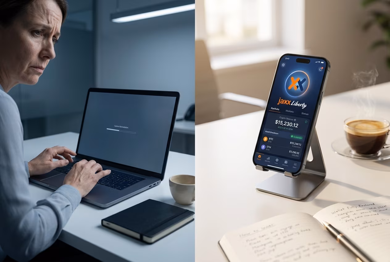 User restoring Jaxx Liberty wallet on smartphone with backup phrase nearby