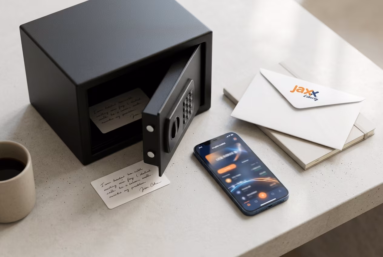 Self-custody setup with notebook backup card and Jaxx Liberty wallet