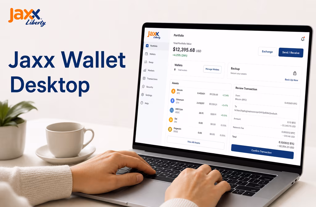 Desktop wallet interface showing portfolio panels and transaction workspace