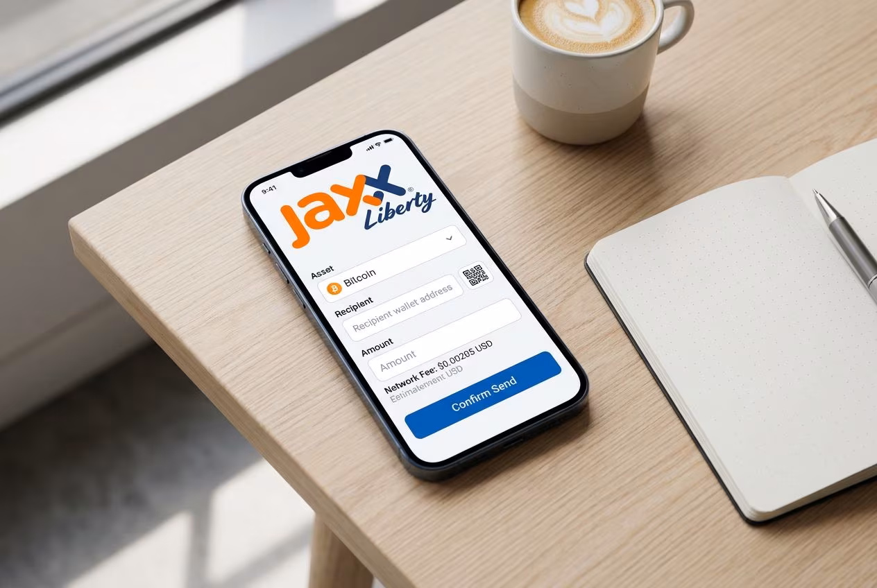 Mobile wallet send screen with fee estimate and confirm button