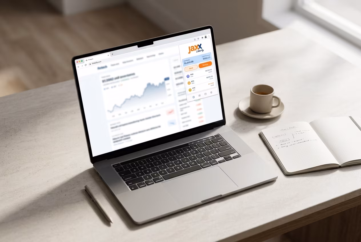 Jaxx Liberty browser extension panel showing portfolio balances and quick actions