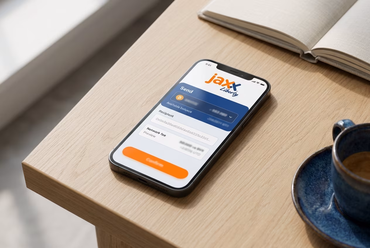 Jaxx Liberty send screen with fee preview and confirmation button