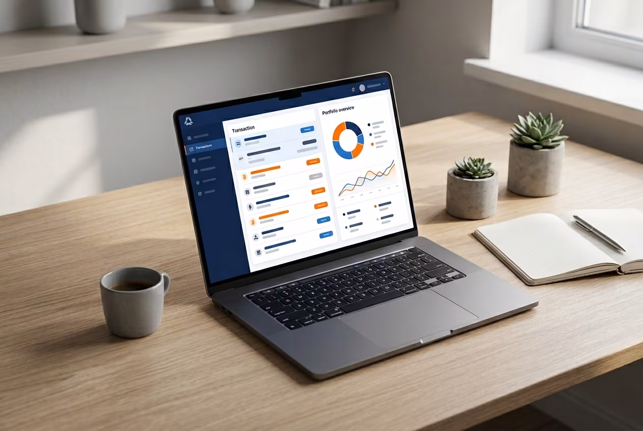 Desktop wallet dashboard showing balances transactions and portfolio panels