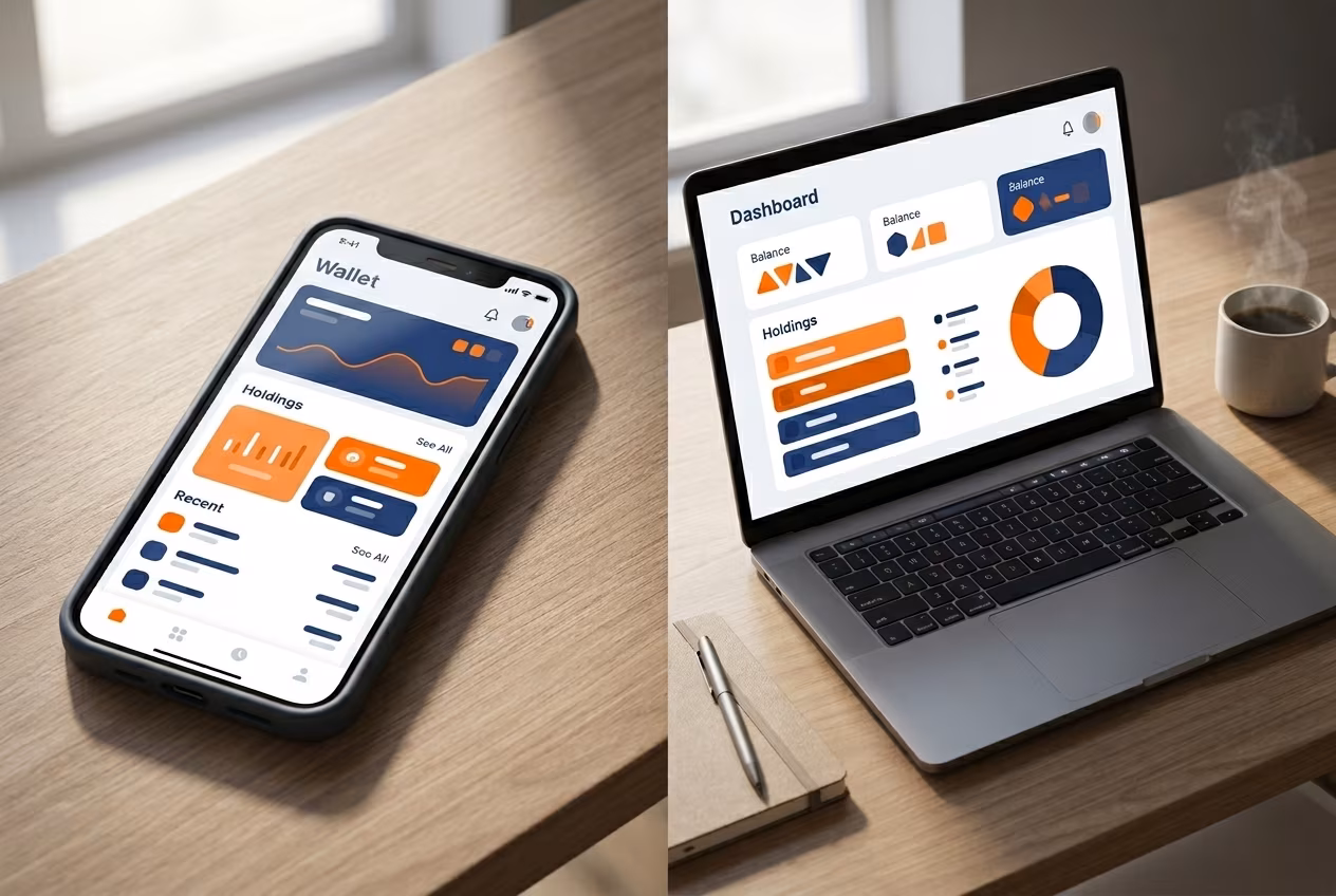 Jaxx Liberty dashboard showing portfolio balance and coin management on mobile and desktop
