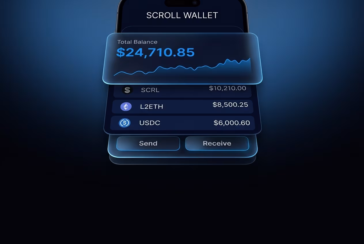 Scroll Wallet mobile interface showing portfolio balance and token management