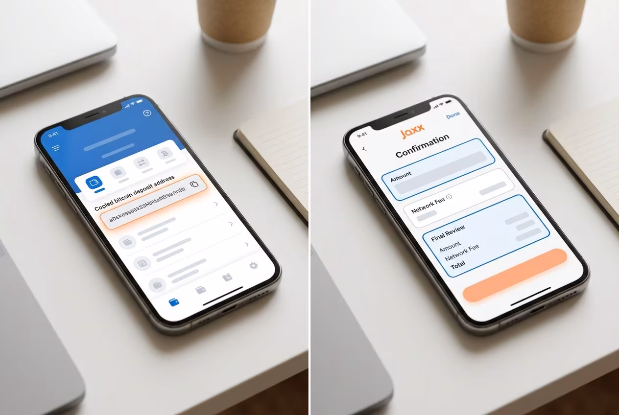 Smartphone wallet showing BTC balance Send button and exchange deposit address