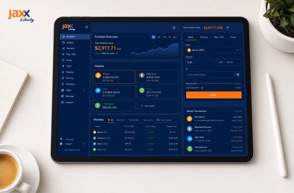 Jaxx Liberty dashboard showing portfolio balances navigation and transfer areas